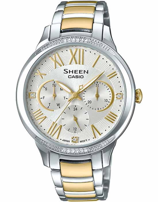 Casio Casio Sheen SHE-3058SG-7A  SHE-3058SG-7A кварцевые женские часы серебристый циферблат, браслет сталь с ip покрытием — вид спереди