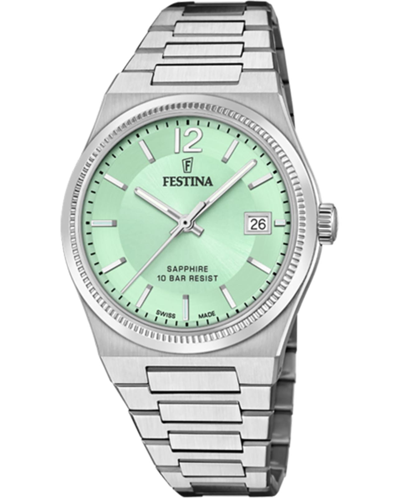 Festina Festina Classics F20035/3  F20035/3 кварцевые женские часы зеленый циферблат, браслет нержавеющая сталь — вид спереди