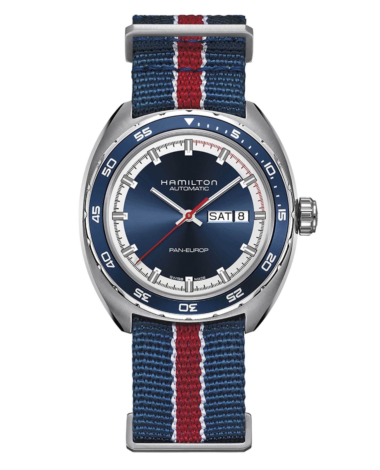 Hamilton Hamilton American ClassicPan Europ Day Date Auto H35405741  H35405741 механические мужские часы синий циферблат, браслет каучук — вид спереди