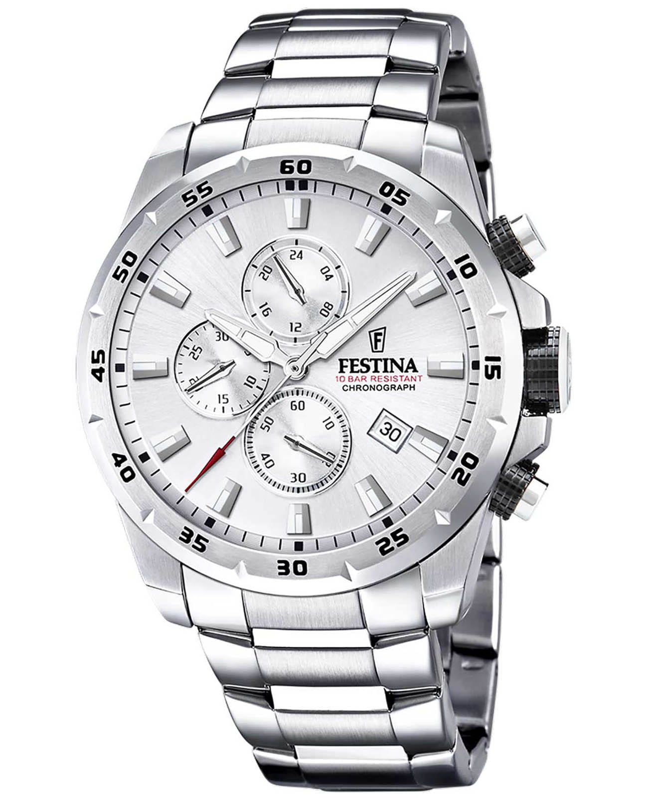 Festina Festina Chrono Sport F20463/1  F20463/1 кварцевые мужские часы серебристый циферблат, браслет нержавеющая сталь 316l — вид спереди