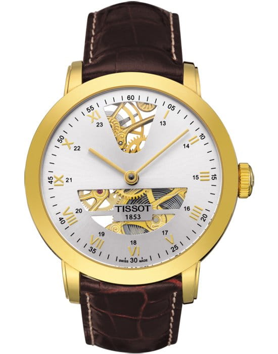 Tissot Tissot Sculpture Line Mechanical 18K Gold T71.3.471.33  T71347133 механические мужские часы белый циферблат, браслет кожаный — вид спереди