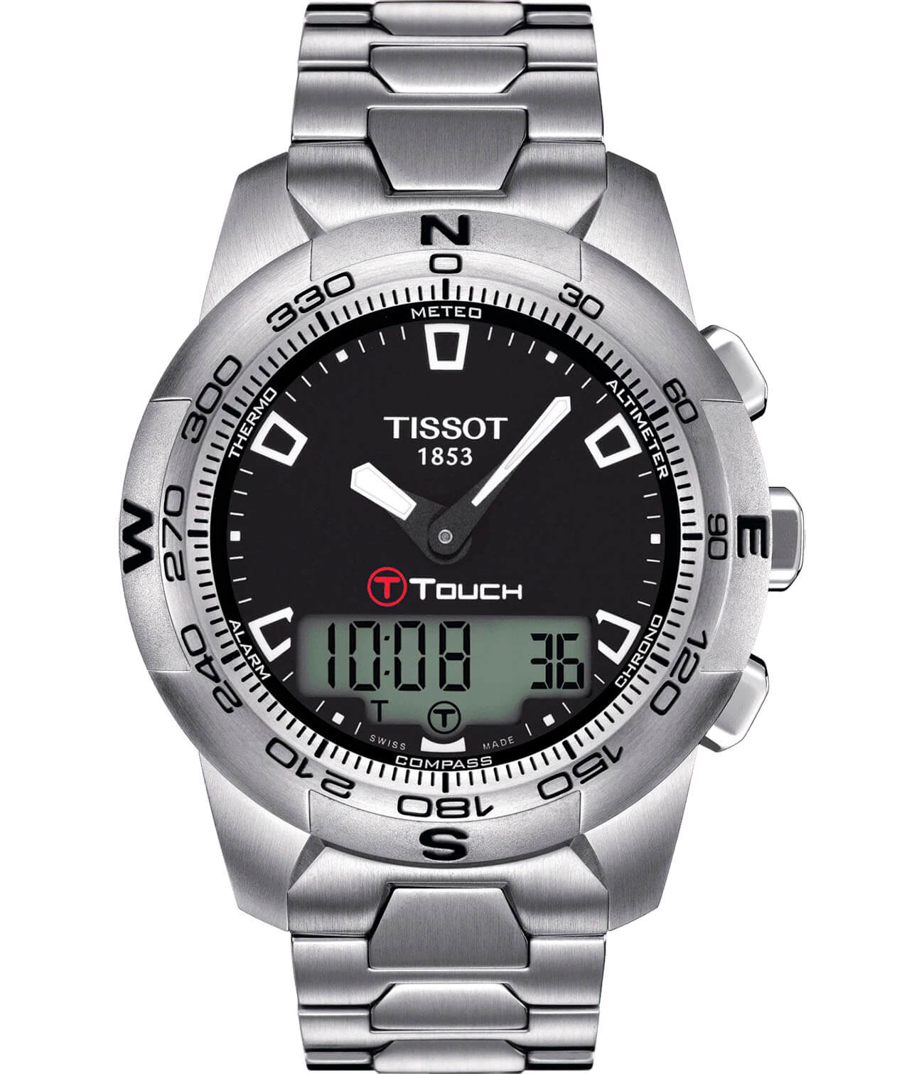 Tissot Tissot T-Touch II Stainless Steel T047.420.11.051.00 T Touch T0474201105100 кварцевые мужские часы черный циферблат, браслет нержавеющая сталь — вид спереди