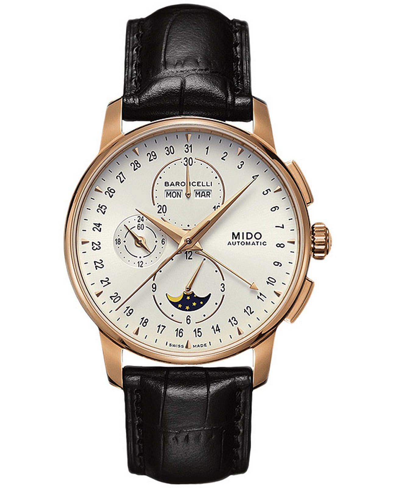 Mido Mido Baroncelli M8607.3.M1.42  M86073M142 механические мужские часы белый циферблат, браслет кожаный — вид спереди