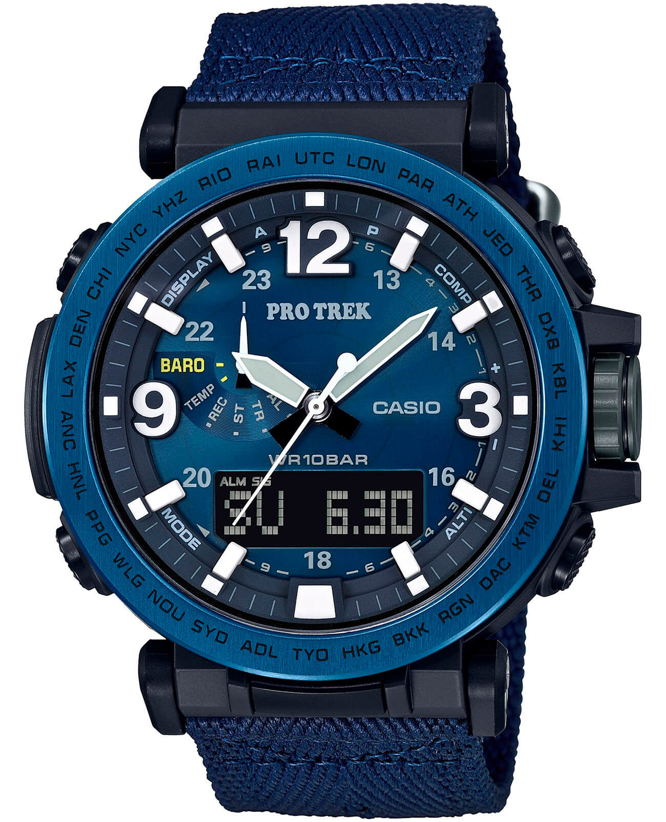 Casio Casio Pro Trek PRG-600YB-2 PRG PRG-600YB-2ER кварцевые мужские часы синий циферблат, браслет тканевый — вид спереди