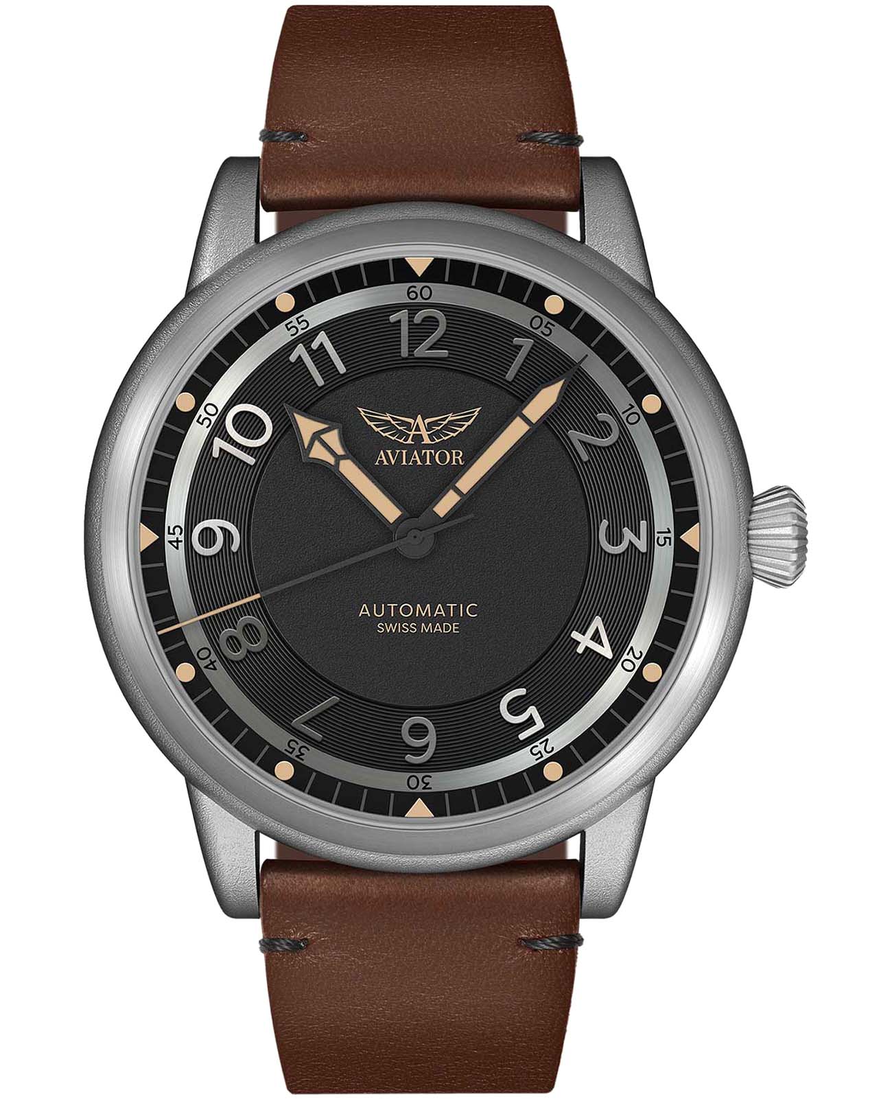 Aviator Aviator Douglas Dakota V.3.31.0.228.4  V.3.31.0.228.4 механические мужские часы черный циферблат, браслет кожаный — вид спереди
