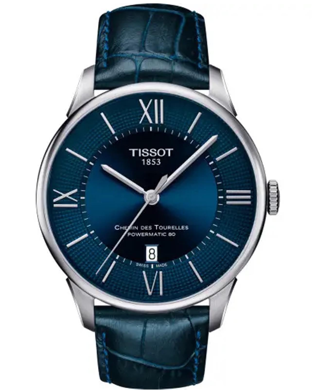 Tissot Tissot Chemin des Tourelles Powermatic 80 T099.407.16.048.00 Chemin des Tourelles T0994071604800 механические мужские часы синий циферблат, браслет кожаный — вид спереди