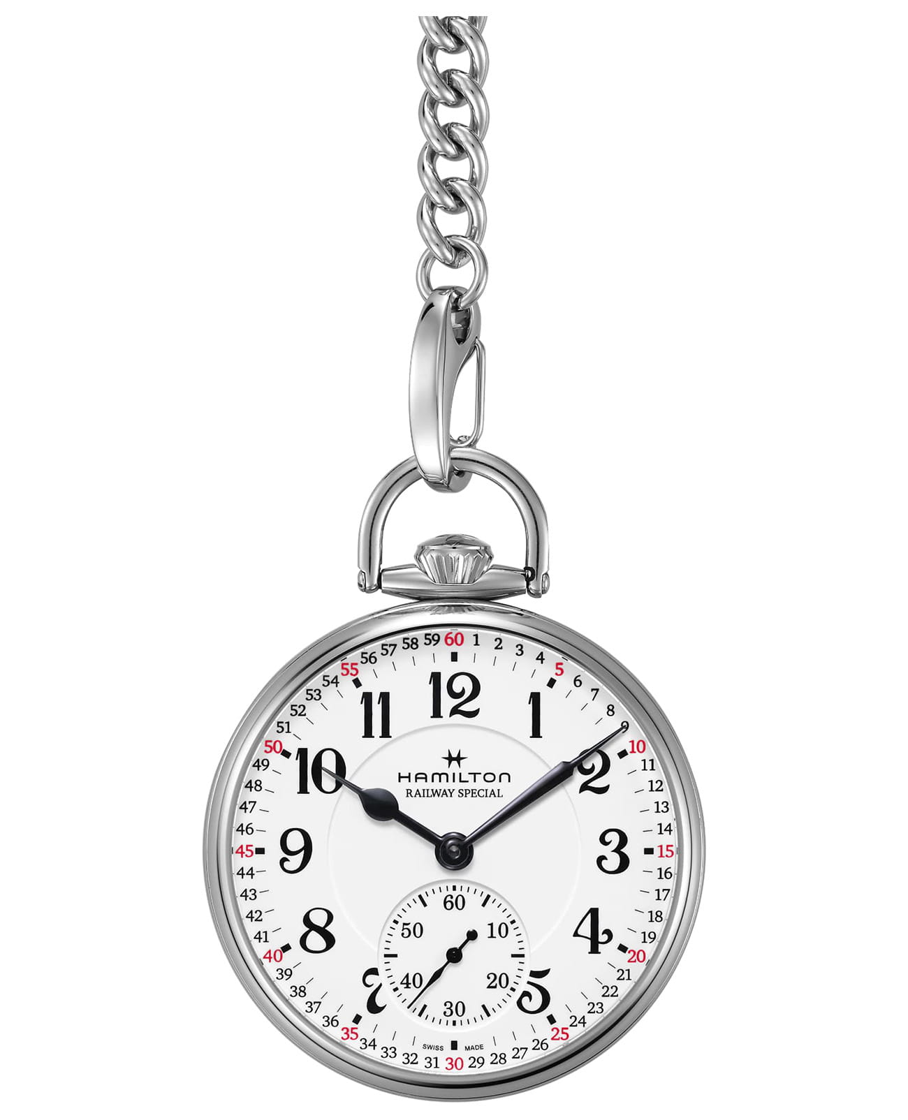 Hamilton Hamilton American Classic Railroad Pocket Watch Limited Edition H40819110  H40819110 механические мужские часы белый циферблат, браслет нержавеющая сталь — вид спереди