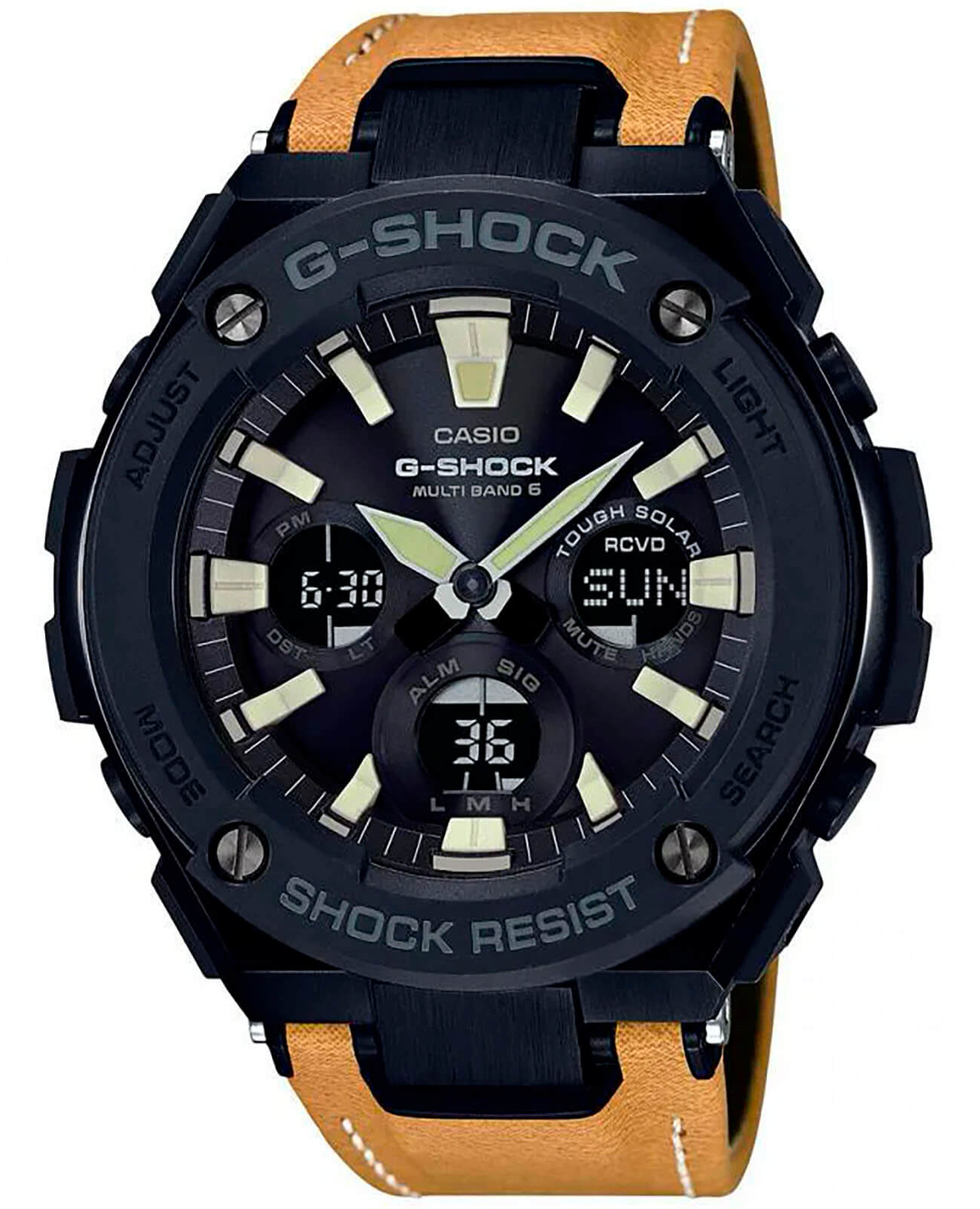 Casio Casio G-Shock GST-W120L-1B GST G-Steel GST-W120L-1B электронные мужские часы черный циферблат, браслет кожаный — вид спереди
