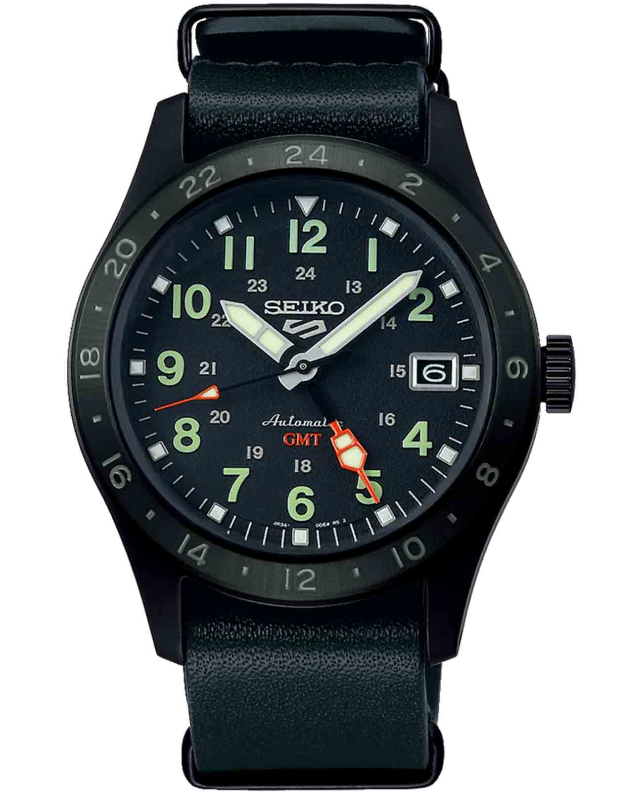 Seiko Seiko 5 Sports Field series SSK025K1 Field SSK025K1 механические мужские часы черный циферблат, браслет кожаный — вид спереди