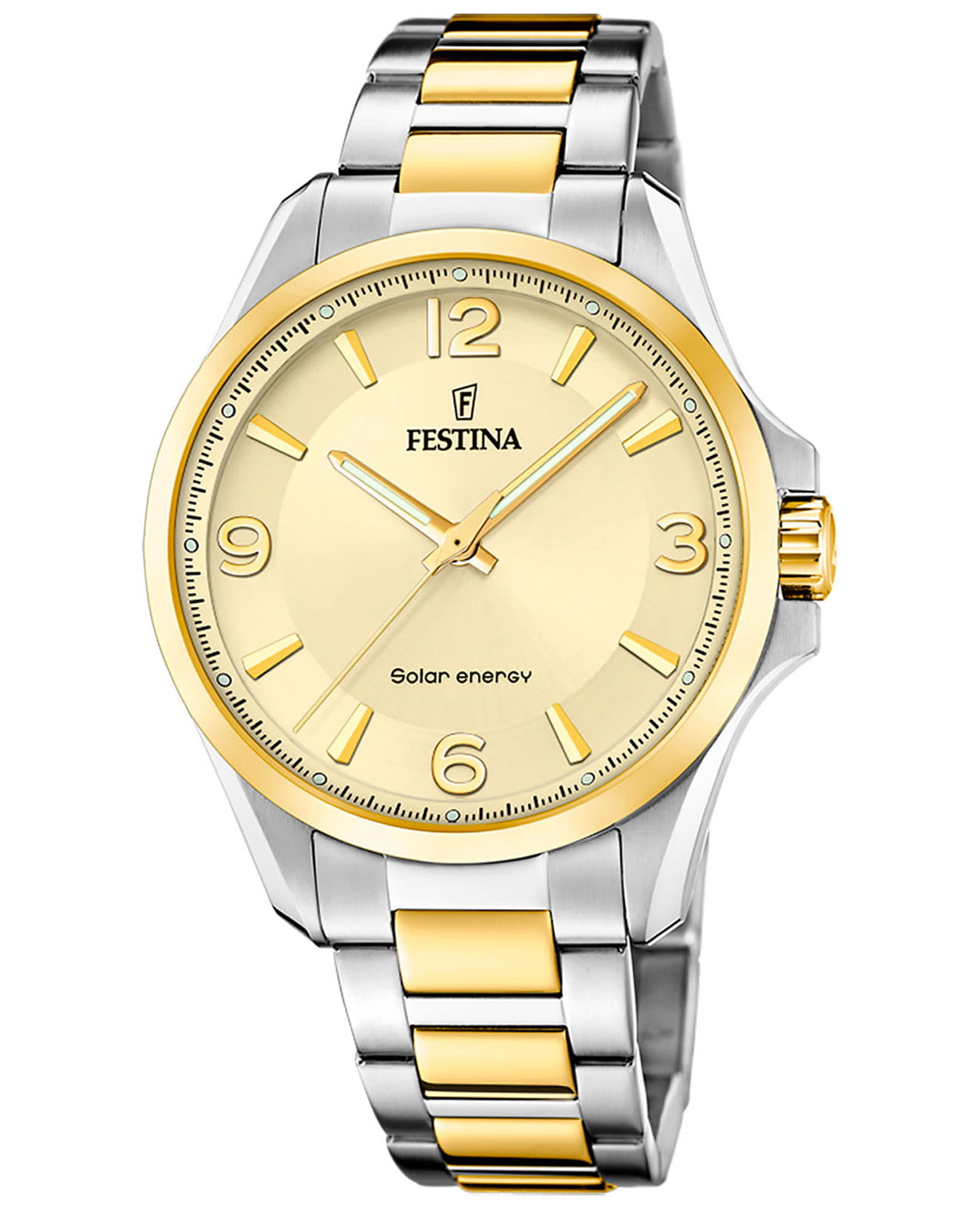 Festina Festina Solar F20657/2  F20657/2 кварцевые мужские часы золотой циферблат, браслет сталь c pvd покрытием — вид спереди