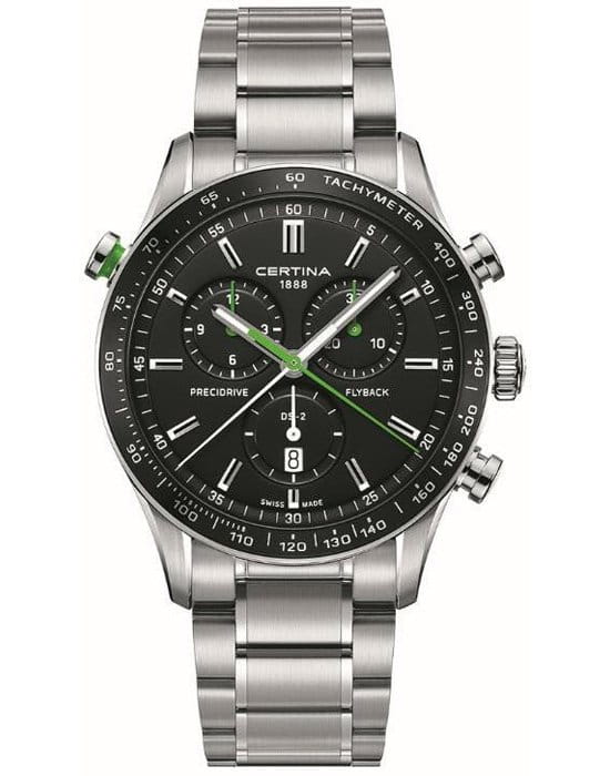 Certina Certina DS-2 Chronograph Flyback C024.618.11.051.02 DS 2 C0246181105102 кварцевые мужские часы черный циферблат, браслет нержавеющая сталь — вид спереди