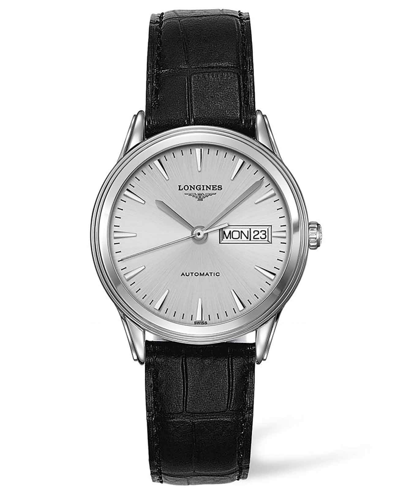 Longines Longines Flagship L4.899.4.72.2  L48994722 механические мужские часы серебристый циферблат, браслет кожаный — вид спереди