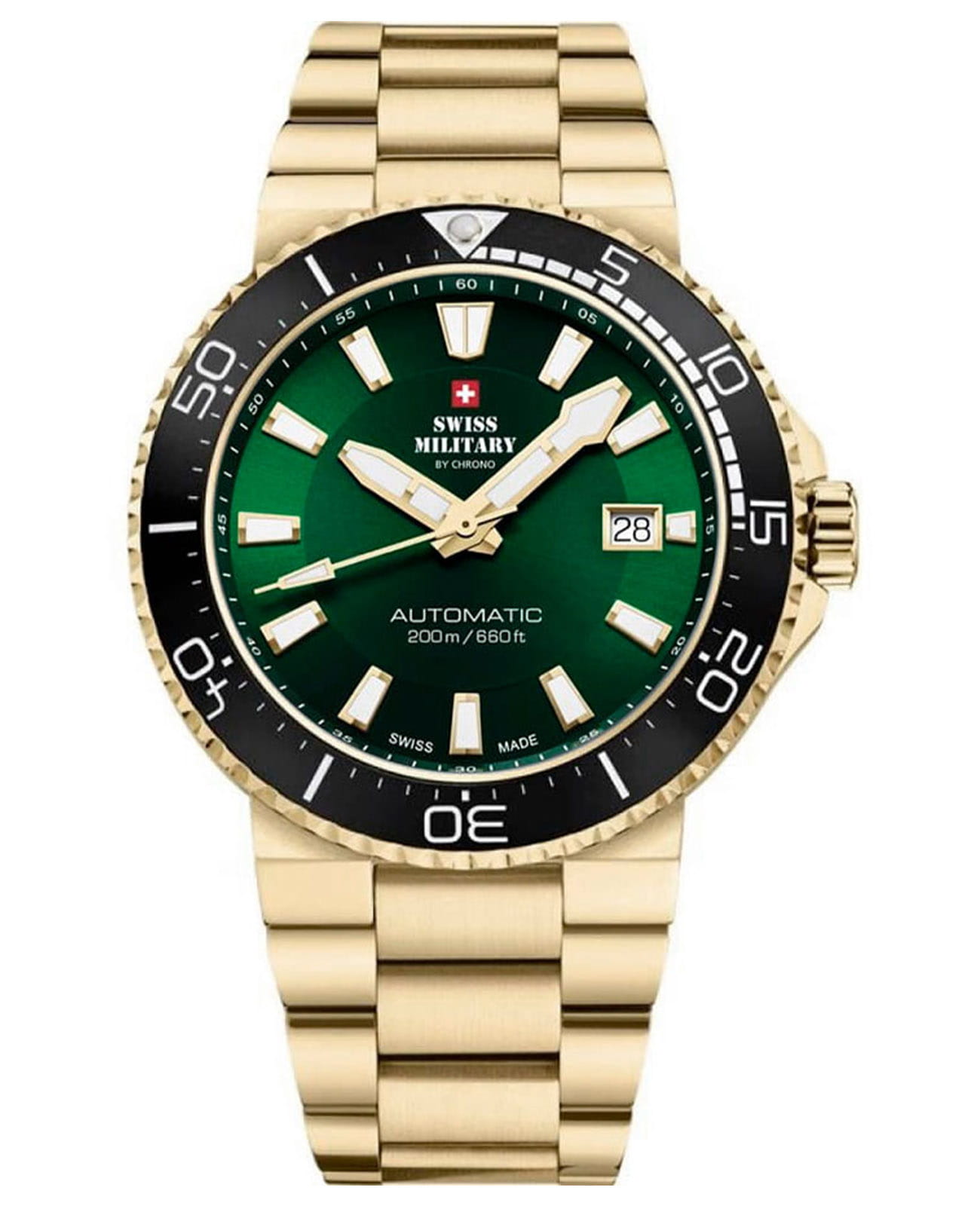 Swiss Military by Chrono Swiss Military by Chrono Automatic Dive SMA34086.06  SMA34086.06 механические мужские часы зеленый циферблат, браслет сталь c pvd покрытием — вид спереди