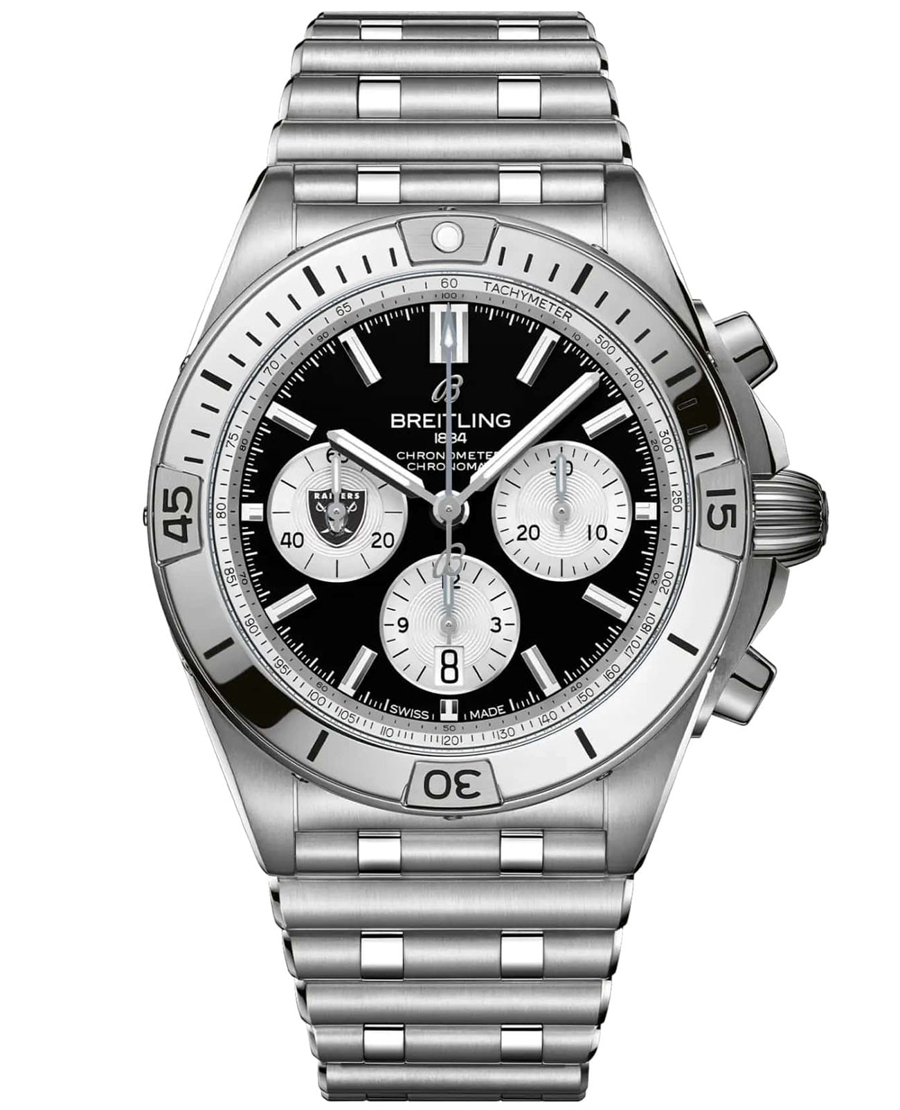 Breitling Breitling Chronomat B01 42 NFL Las Vegas Raiders Edition AB01342B1B1A1  AB01342B1B1A1 механические мужские часы черный циферблат, браслет нержавеющая сталь — вид спереди