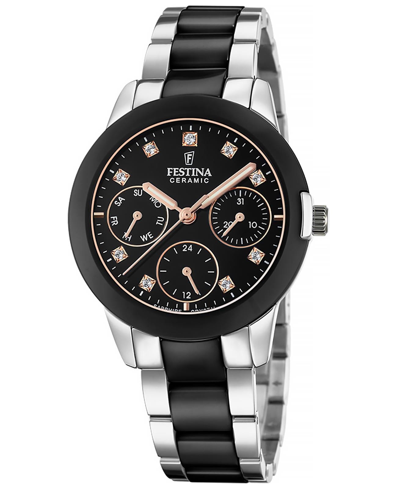 Festina Festina Ceramic F20497/3  F20497/3 кварцевые женские часы черный циферблат, браслет сталь + керамические вставки — вид спереди