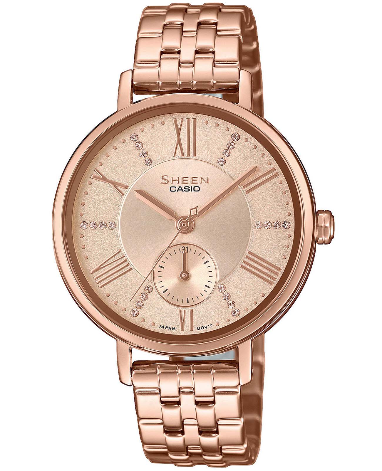 Casio Casio Sheen SHE-3066PG-4AUEF  SHE-3066PG-4A кварцевые женские часы розовый циферблат, браслет сталь с ip покрытием — вид спереди