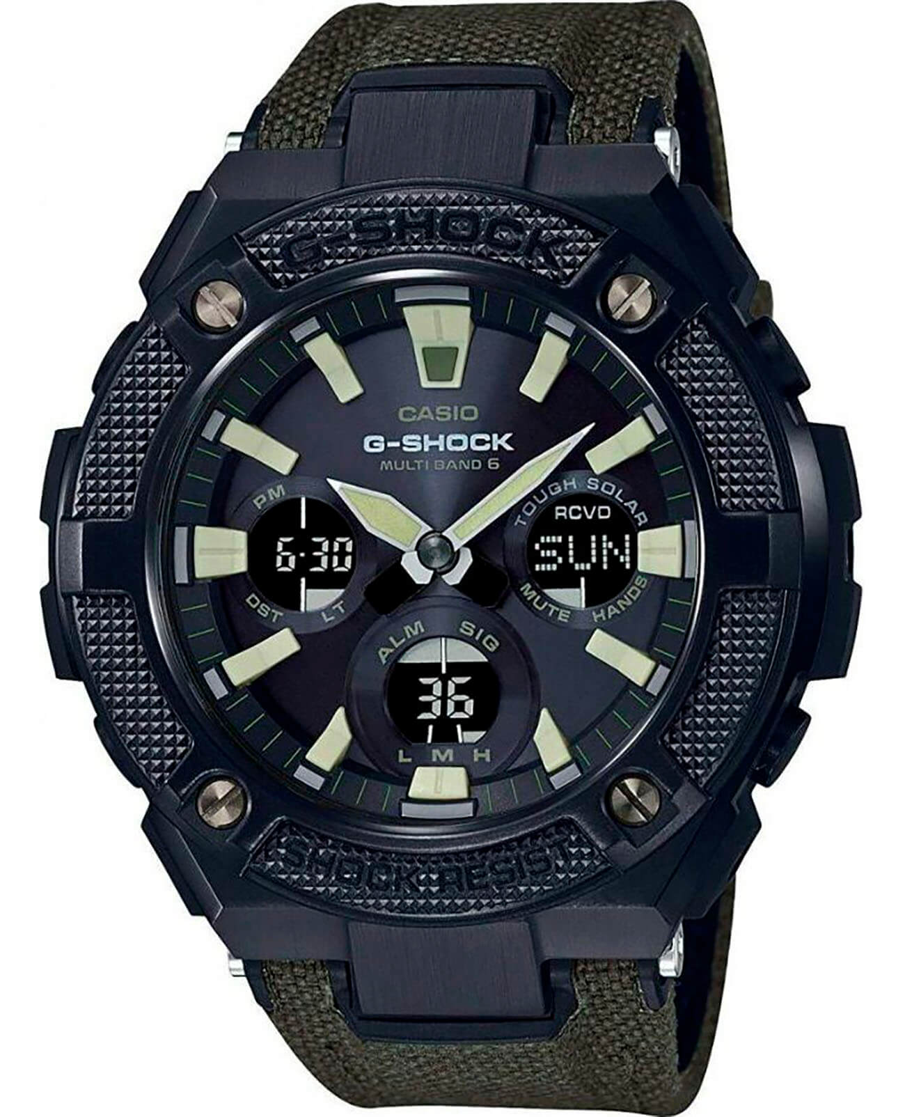 Casio Casio G-Shock GST-W130BC-1A3 GST G-Steel GST-W130BC-1A3 электронные мужские часы черный циферблат, браслет нейлон — вид спереди