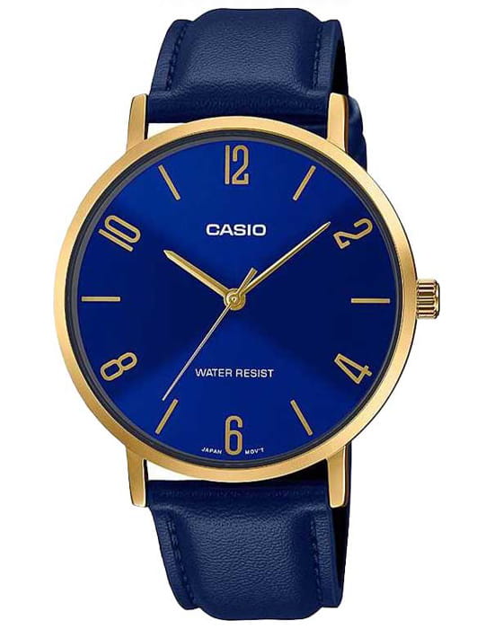 Casio Casio Collection MTP-VT01GL-2B2  MTP-VT01GL-2B2 кварцевые мужские часы синий циферблат, браслет кожаный — вид спереди