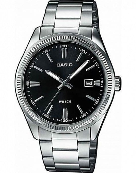 Casio Casio MTP-1302D-1A1  MTP-1302D-1A1 кварцевые мужские часы черный циферблат, браслет нержавеющая сталь — вид спереди