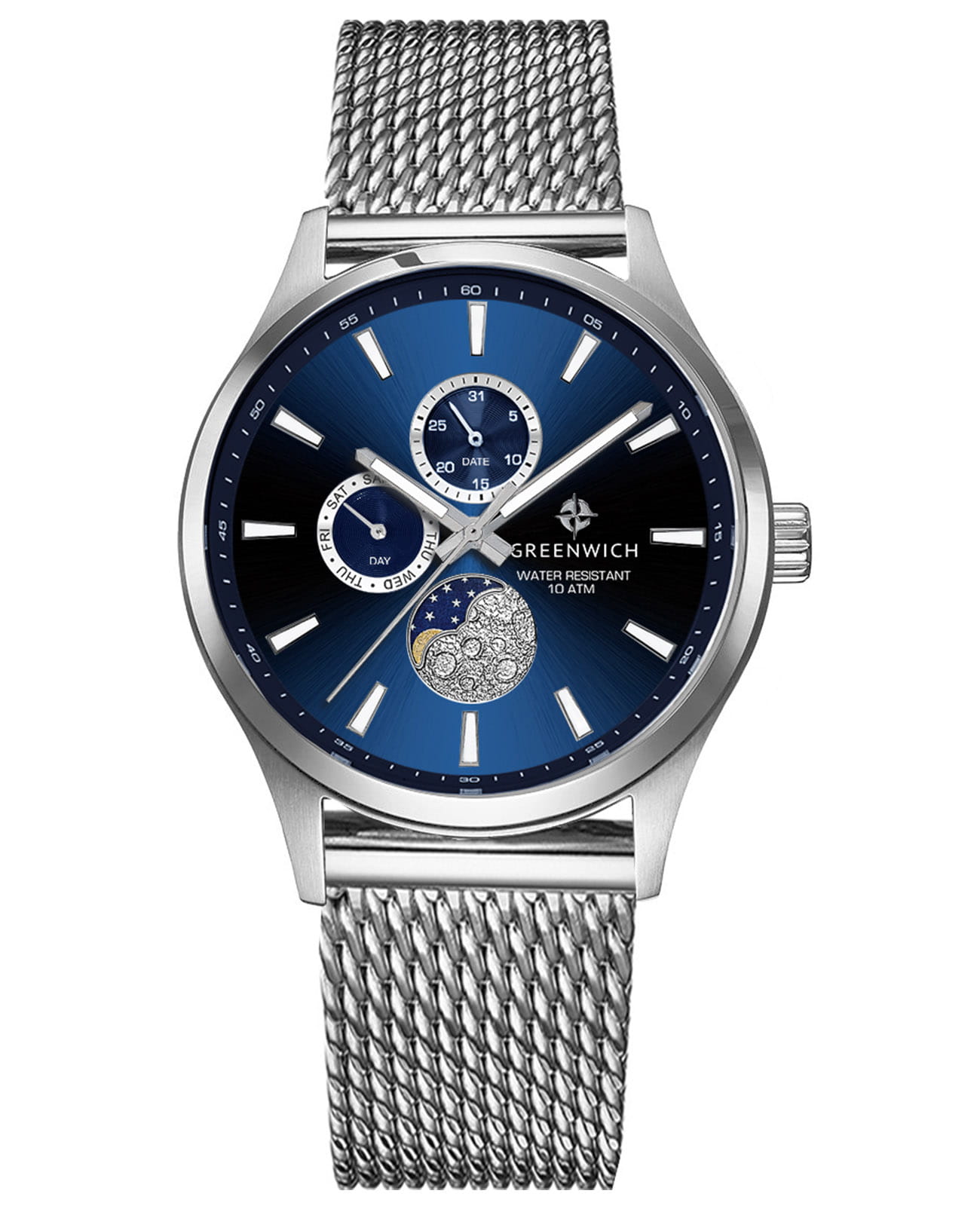 Greenwich Greenwich Moon Walker GW 058.19.36  GW 058.19.36 кварцевые мужские часы синий циферблат, браслет нержавеющая сталь — вид спереди