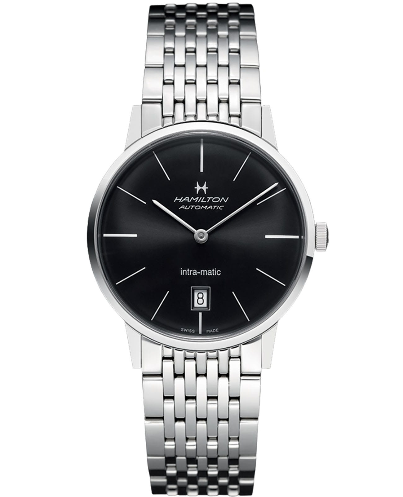 Hamilton Hamilton American Classic Intra-Matic Auto H38455131  H38455131 механические мужские часы черный циферблат, браслет нержавеющая сталь — вид спереди