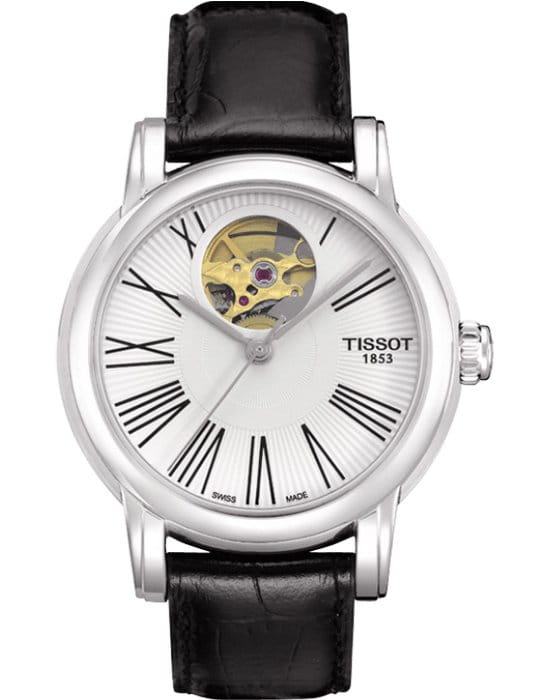 Tissot Tissot Lady Heart Automatic T050.207.16.033.00 Open Heart T0502071603300 механические женские часы белый циферблат, браслет кожаный — вид спереди