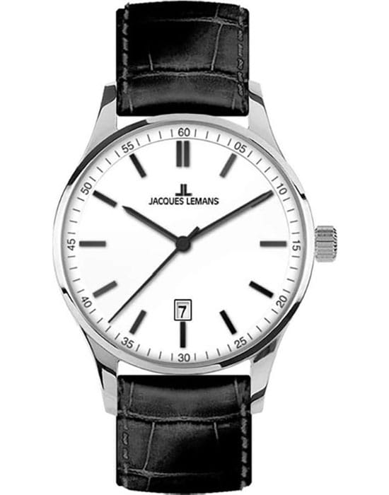 Jacques Lemans Jacques Lemans 1-2026B  1-2026B кварцевые мужские часы белый циферблат, браслет кожаный — вид спереди