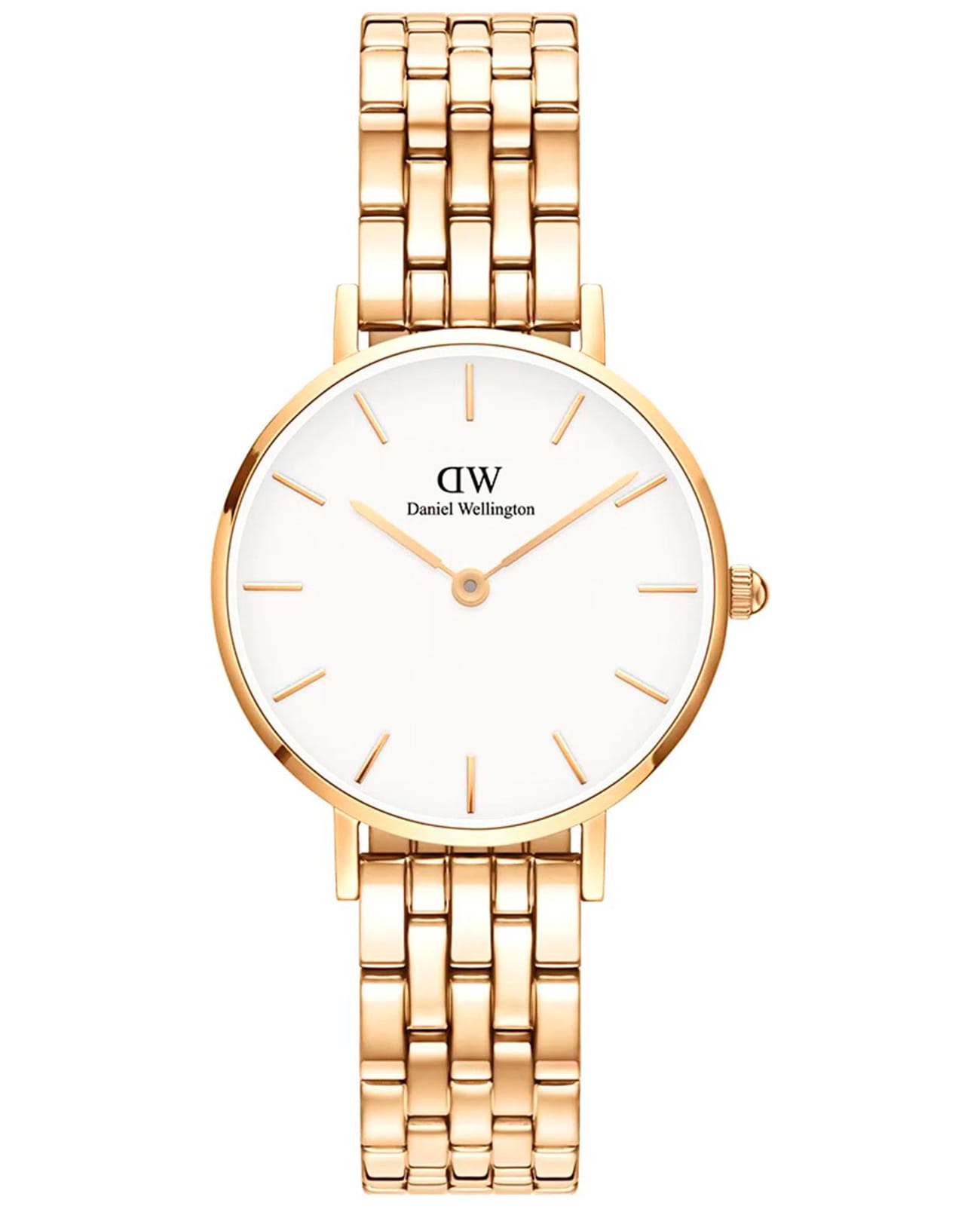 Daniel Wellington Daniel Wellington Petite 5-Link Evergold DW00100614  DW00100614 кварцевые женские часы белый циферблат, браслет сталь c pvd покрытием — вид спереди