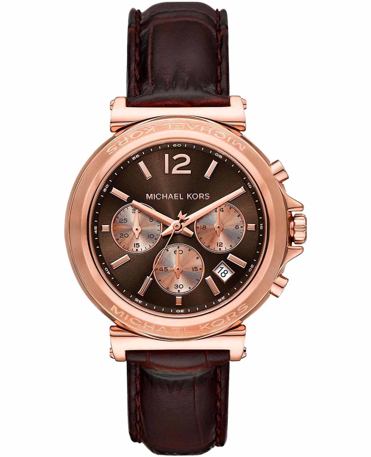 Michael Kors Michael Kors Maren MK7497  MK7497 кварцевые женские часы коричневый циферблат, браслет кожаный — вид спереди