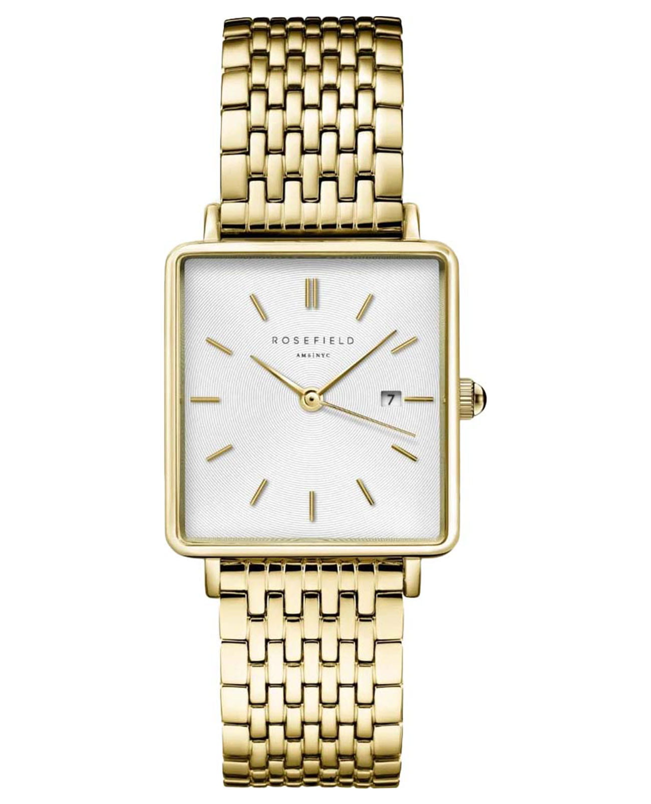 Rosefield Rosefield The Boxy QWSG-Q09  QWSG-Q09 кварцевые женские часы белый циферблат, браслет сталь c pvd покрытием — вид спереди