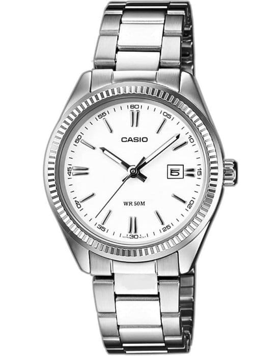 Casio Casio LTP-1302D-7A1  LTP-1302D-7A1 кварцевые женские часы белый циферблат, браслет нержавеющая сталь — вид спереди