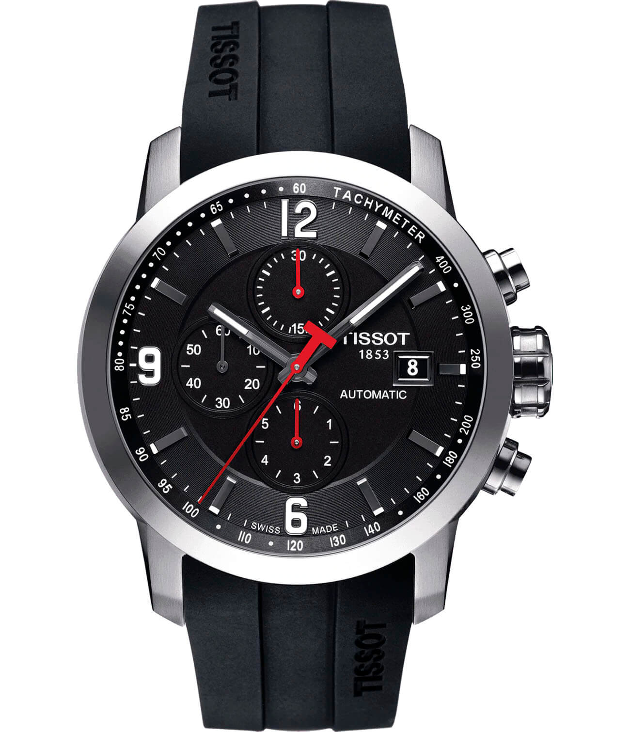 Tissot Tissot PRC 200 Automatic Chronograph T055.427.17.057.00 PRC 200 T0554271705700 механические мужские часы черный циферблат, браслет каучук — вид спереди