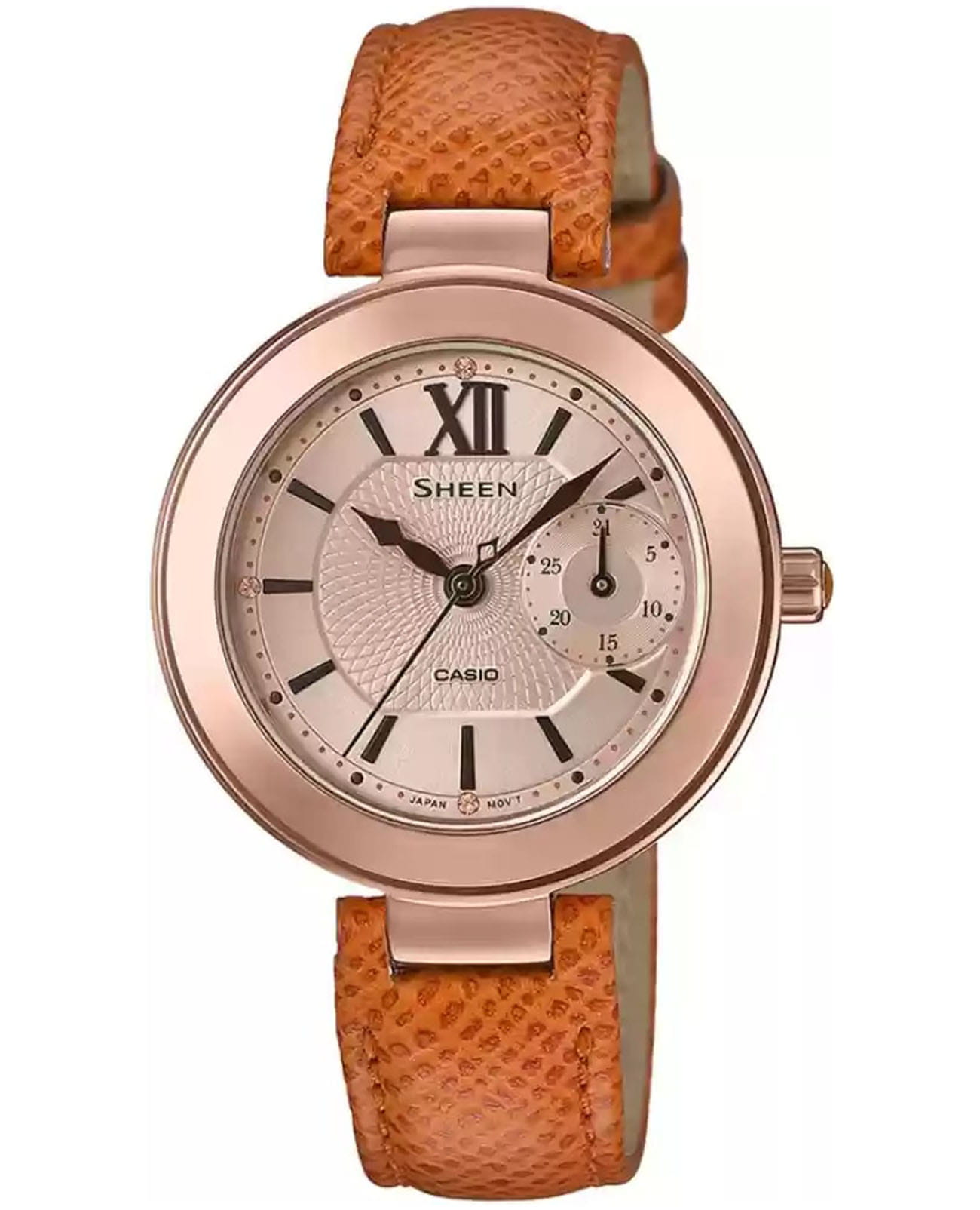 Casio Casio Sheen SHE-3051PGL-7AUDF  SHE-3051PGL-7AUDF кварцевые женские часы золотой циферблат, браслет кожаный — вид спереди