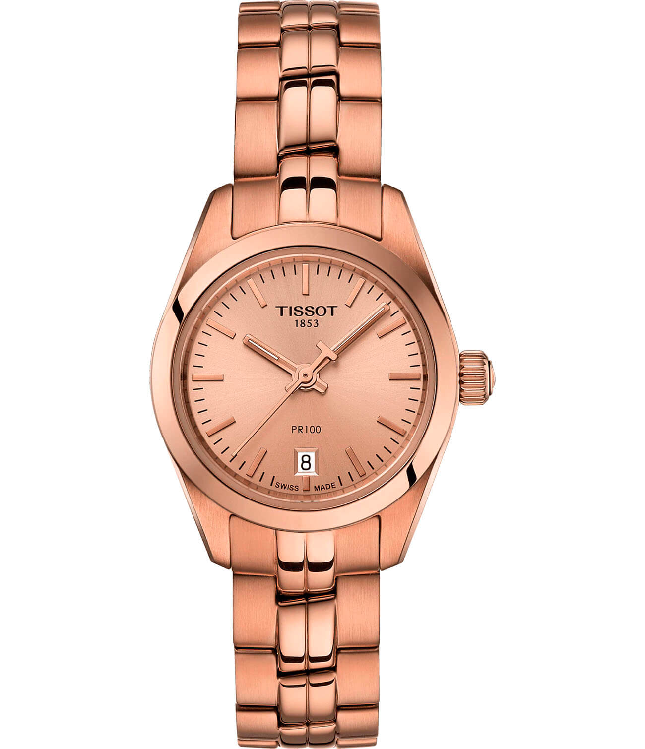 Tissot Tissot PR 100 Lady Small T101.010.33.451.00 PR 100 T1010103345100 кварцевые женские часы розовый циферблат, браслет сталь c pvd покрытием — вид спереди