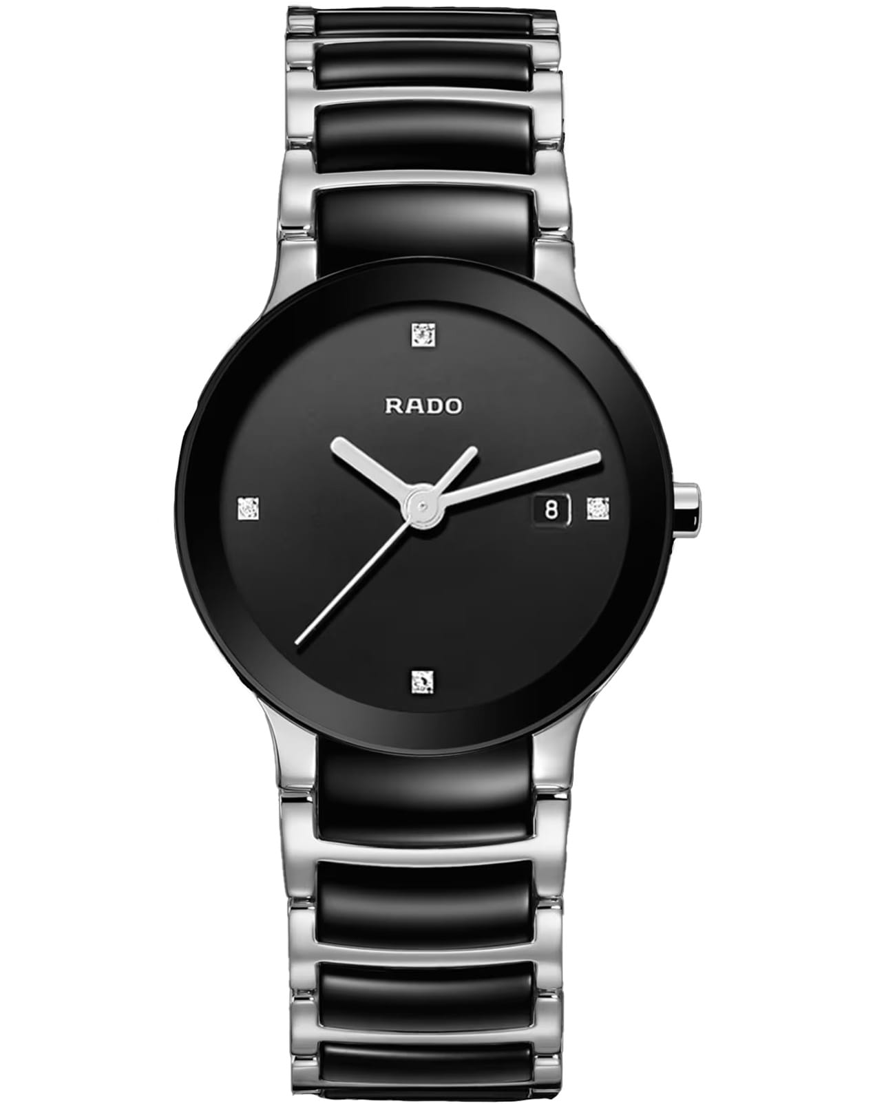 Rado Rado Centrix Diamonds R30935712  R30935712 кварцевые женские часы черный циферблат, браслет сталь + керамические вставки — вид спереди