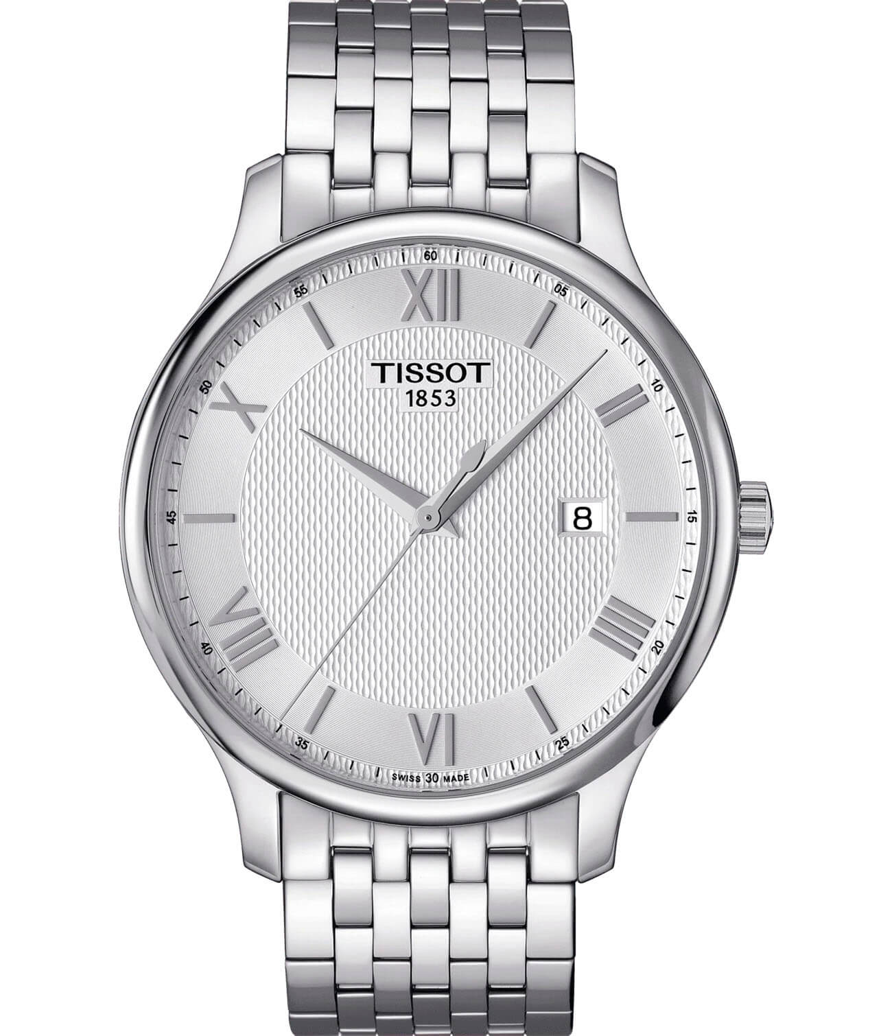 Tissot Tissot Tradition T063.610.11.038.00 Tradition T0636101103800 кварцевые мужские часы серебристый циферблат, браслет нержавеющая сталь — вид спереди