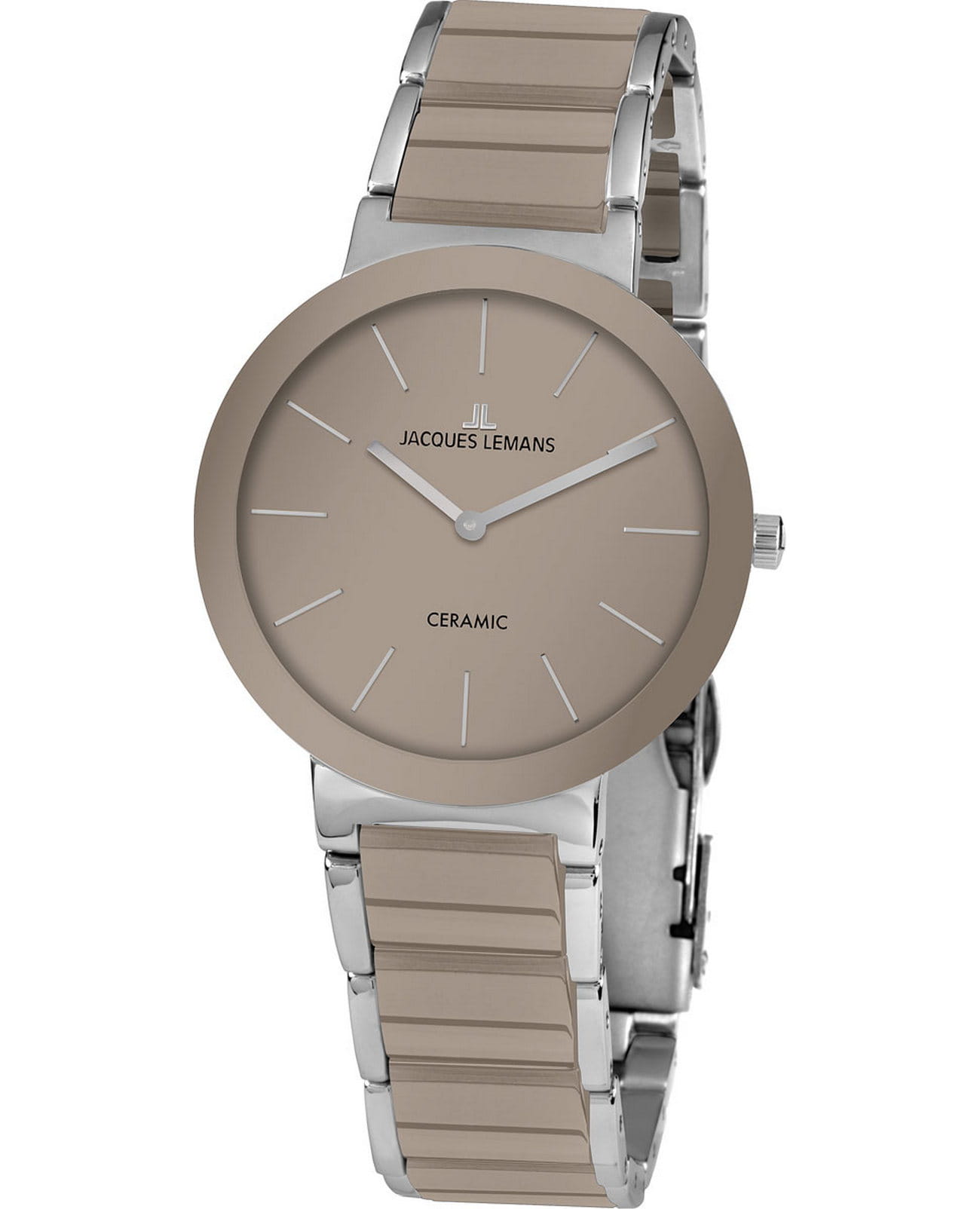 Jacques Lemans Jacques Lemans High Tech Ceramic 42-7S  42-7S кварцевые женские часы бежевый циферблат, браслет сталь + керамические вставки — вид спереди
