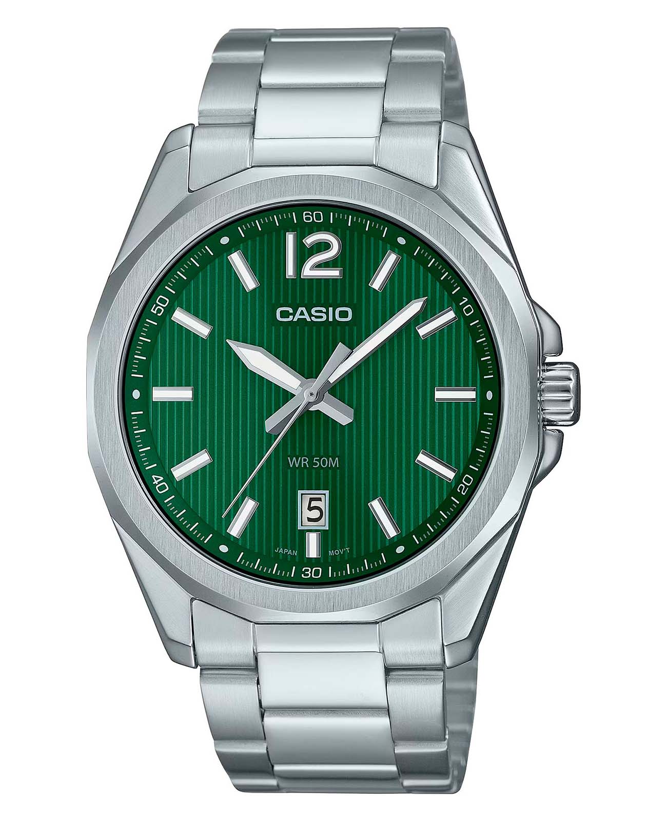 Casio Casio Collection MTP-E725D-3A  MTP-E725D-3A кварцевые мужские часы зеленый циферблат, браслет нержавеющая сталь — вид спереди