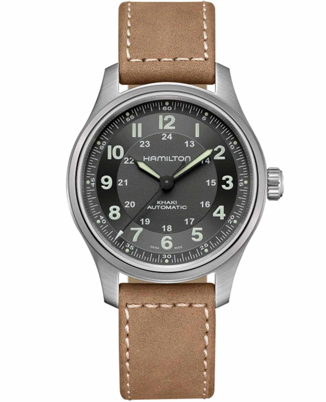 Hamilton Hamilton Khaki Field Titanium Auto H70545550  H70545550 механические мужские часы серый циферблат, браслет кожаный — вид спереди