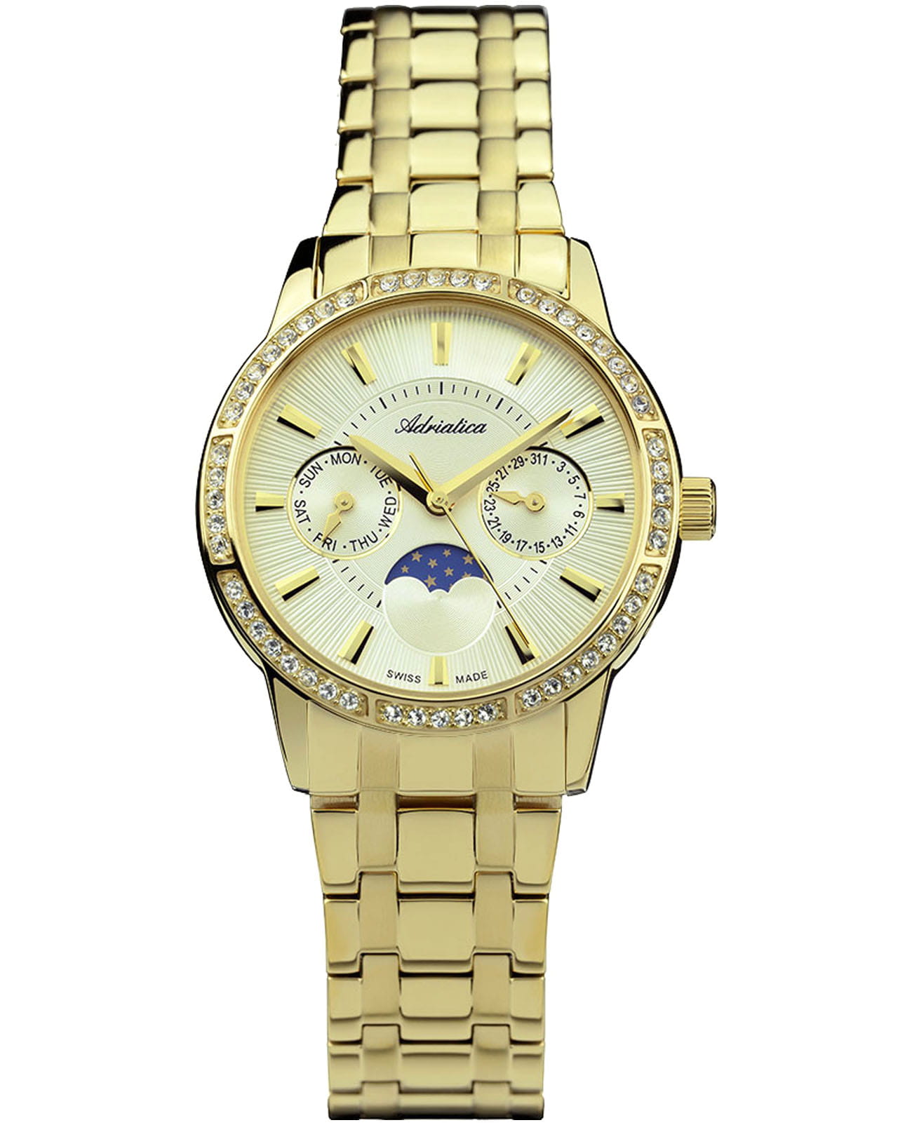 Adriatica Adriatica Moonphase A3601.1117QFZ  A3601.1117QFZ кварцевые женские часы золотой циферблат, браслет нержавеющая сталь с pvd-покрытием — вид спереди