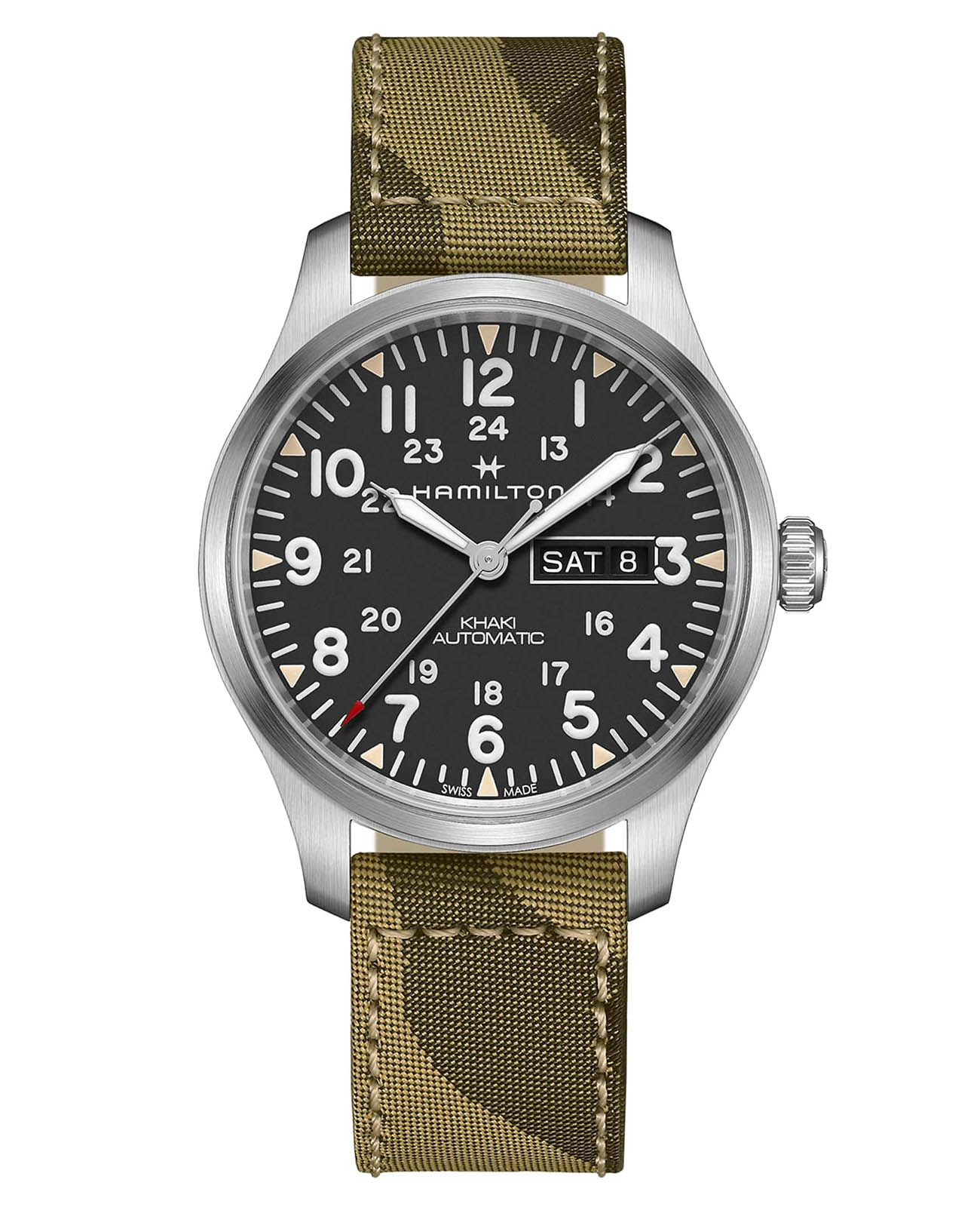 Hamilton Hamilton Khaki Field Day Date Auto H70535031  H70535031 механические мужские часы черный циферблат, браслет тканевый — вид спереди