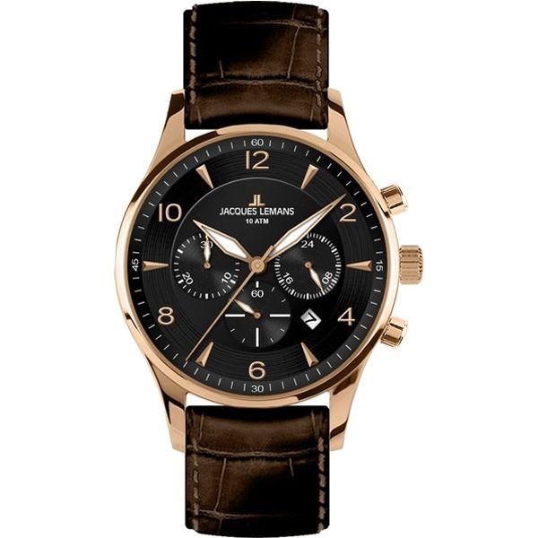 Jacques Lemans Jacques Lemans 1-1654G  1-1654G кварцевые мужские часы черный циферблат, браслет кожаный — вид спереди