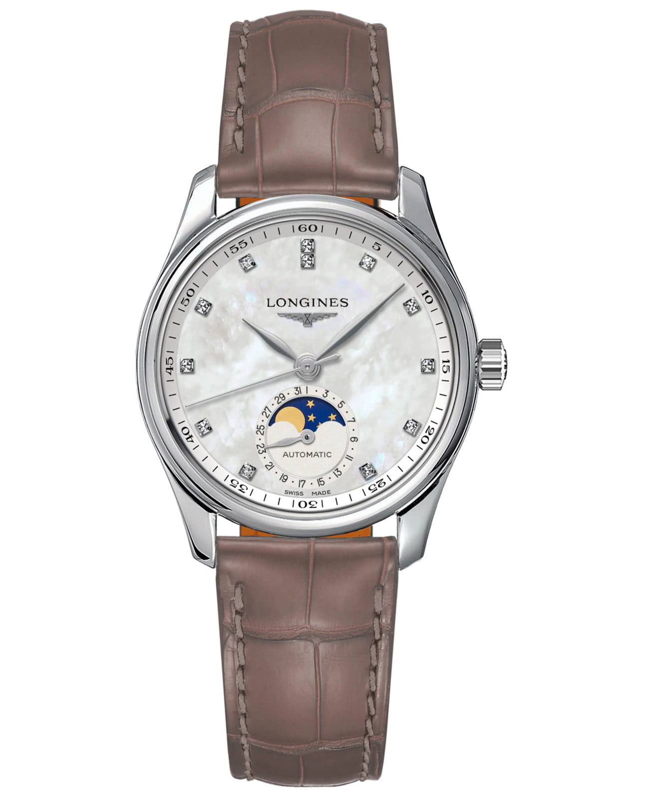 Longines Longines Master Collection L2.409.4.87.4  L24094874 механические женские часы перламутровый циферблат, браслет кожаный — вид спереди