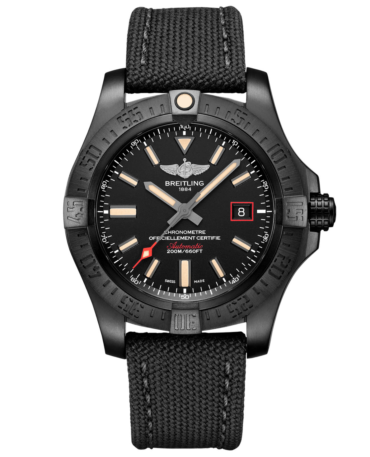 Breitling Breitling  Avenger Blackbird 44  V17311101B1W1  V17311101B1W1 механические мужские часы черный циферблат, браслет полиамидная ткань — вид спереди