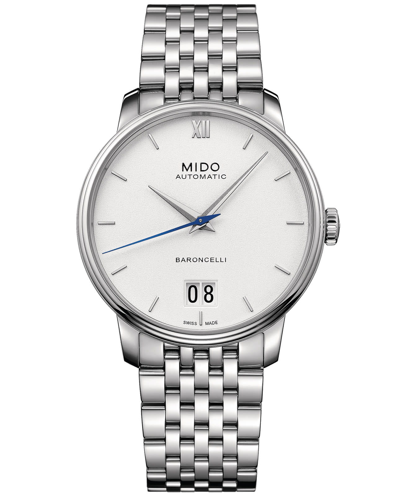 Mido Mido Baroncelli Big Date M027.426.11.018.00  M0274261101800 механические мужские часы белый циферблат, браслет нержавеющая сталь — вид спереди