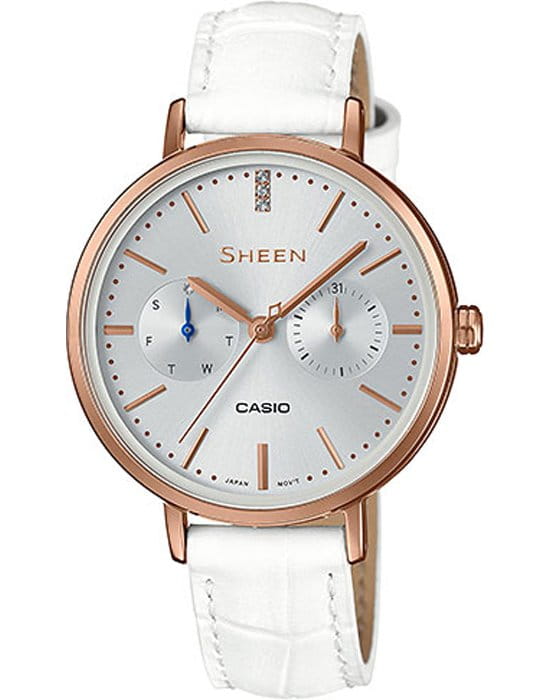 Casio Casio Sheen SHE-3054PGL-7A  SHE-3054PGL-7A кварцевые женские часы белый циферблат, браслет кожаный — вид спереди