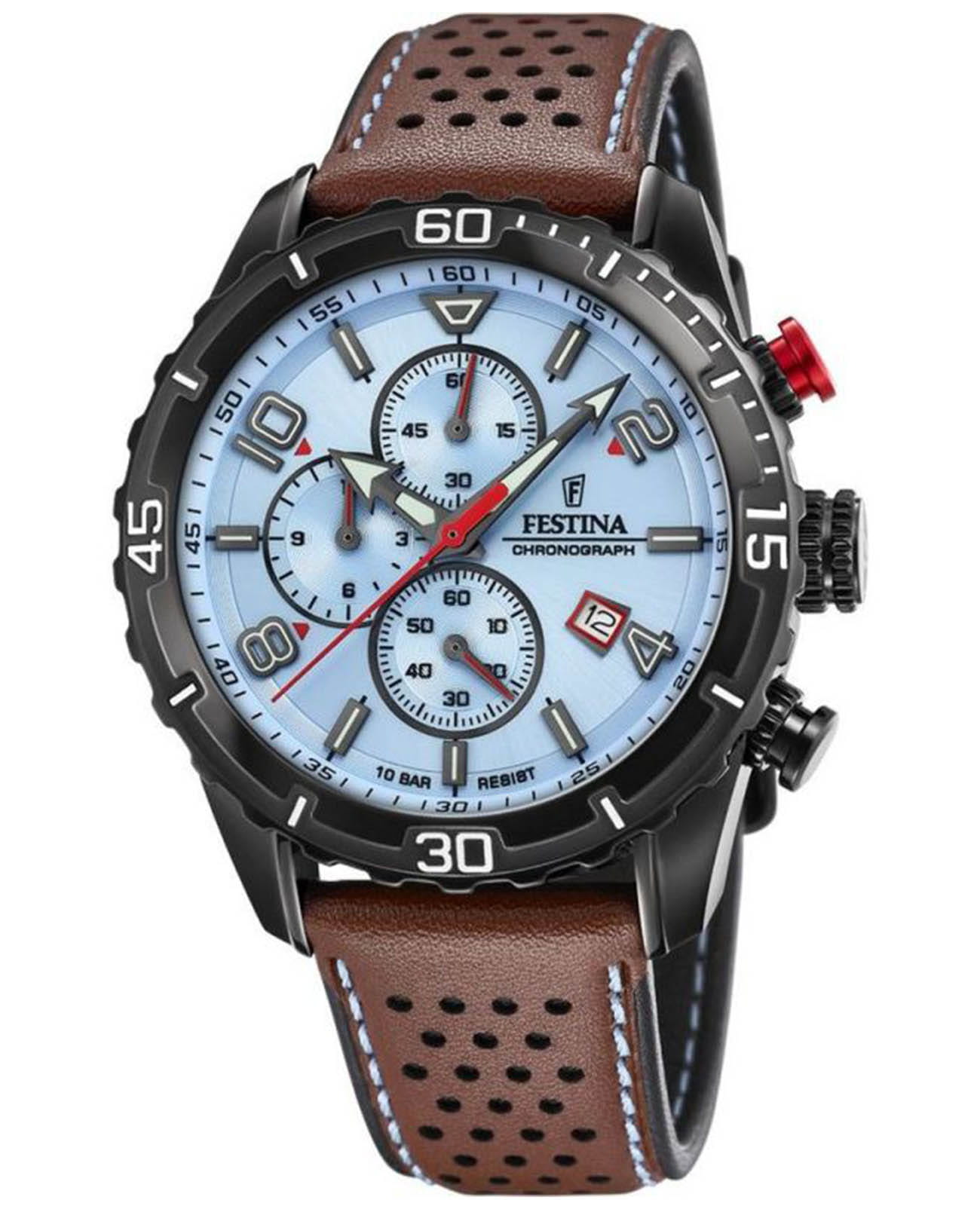 Festina Festina Chrono Sport F20519/1  F20519/1 кварцевые мужские часы голубой циферблат, браслет кожаный — вид спереди