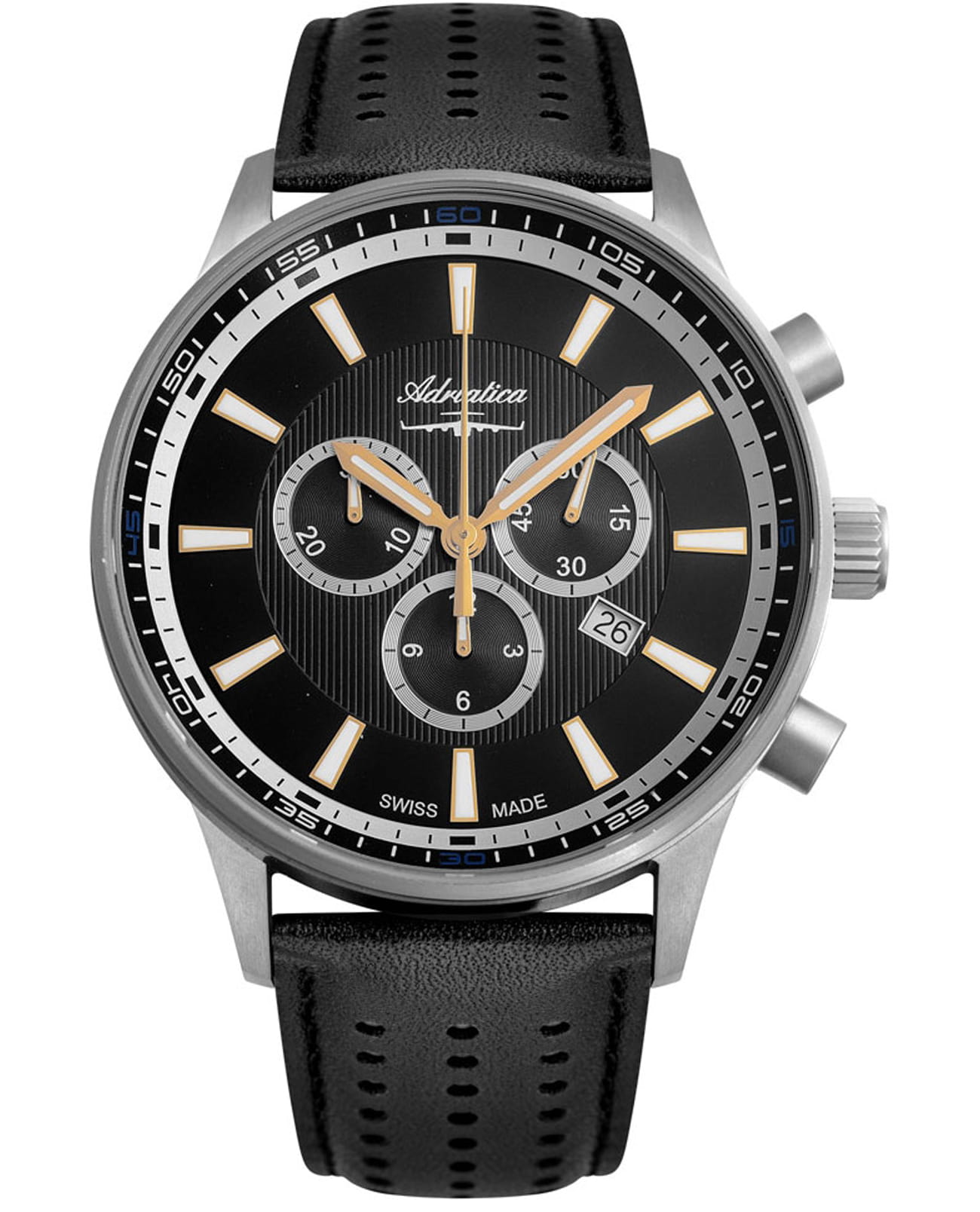 Adriatica Adriatica Aviation A8281.42G4CH  A8281.42G4CH кварцевые мужские часы черный циферблат, браслет кожаный — вид спереди