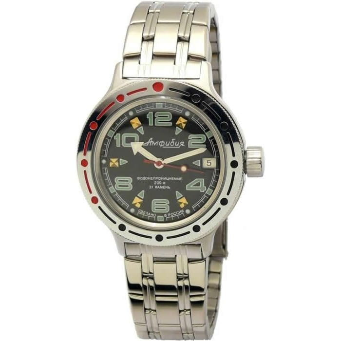 Восток Восток Амфибия 420334  420334 механические мужские часы черный циферблат, браслет нержавеющая сталь — вид спереди