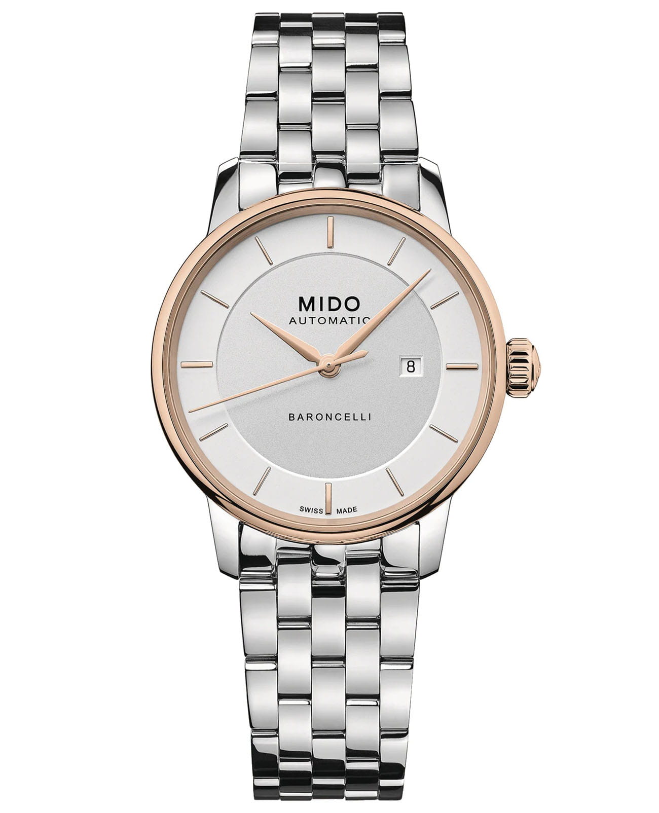 Mido Mido Baroncelli Signature Lady M037.207.21.031.00  M0372072103100 механические женские часы белый циферблат, браслет нержавеющая сталь — вид спереди
